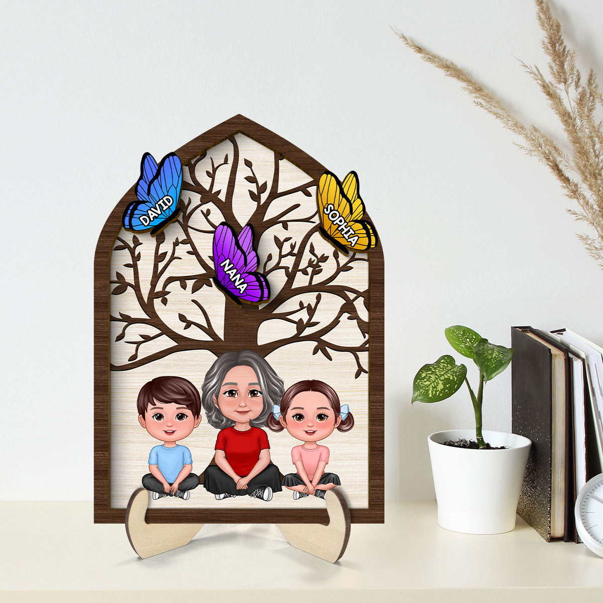 Grandma Mom Kids Crossed Legs Under Tree Butterflies Personalized 2-layer Wooden Plaque