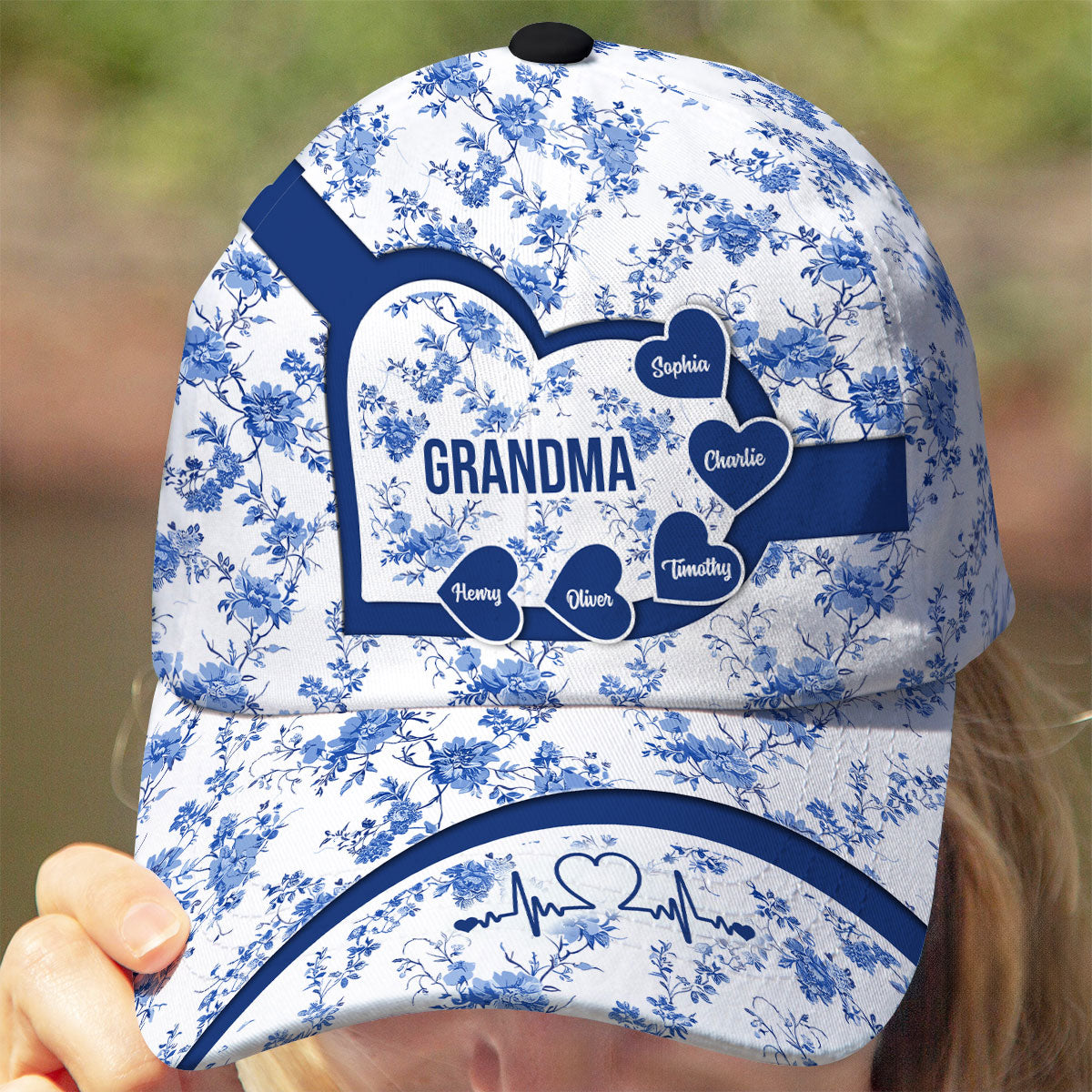Grandma Mom Blue Heart Floral Chinoiserie Patterned Personalized Cap, Mother's Day gift for Mom, Grandma