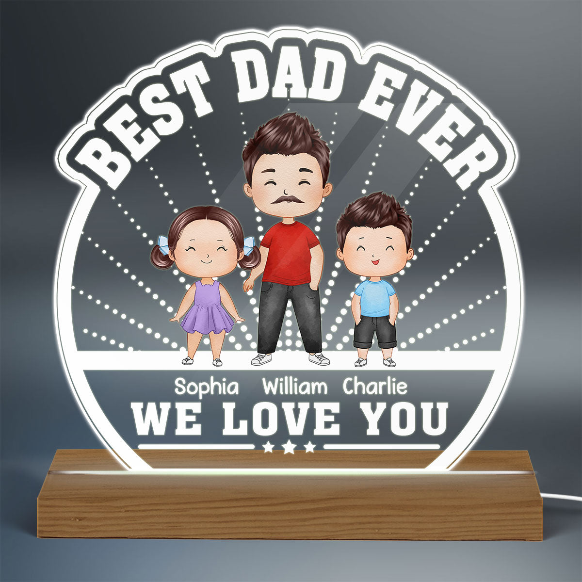 Best Dad Ever Watercolor Dad & Kids Standing Personalized Custom Shaped Acrylic Plaque With Warm LED Night Light