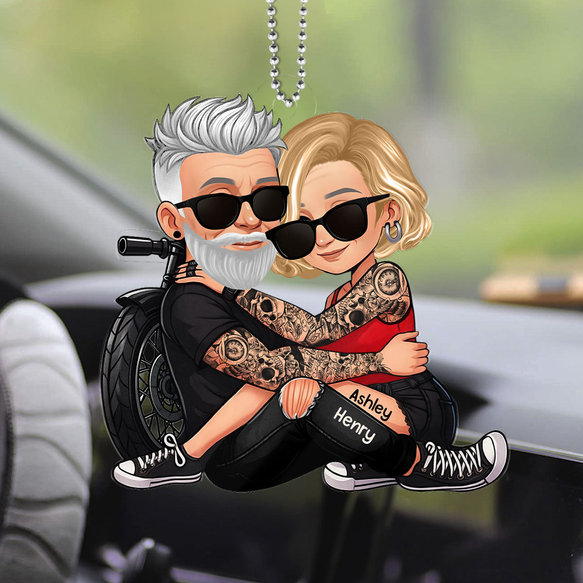 Biker 3D Cartoon Effect Couple Personalized Acrylic Car Ornament, Gift for her, Gift for him, Motorcycle Lovers