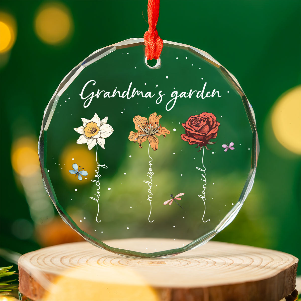 Grandma's Garden Personalized Glass Ornament, Christmas Gift For Grandma Granddaughter Grandson
