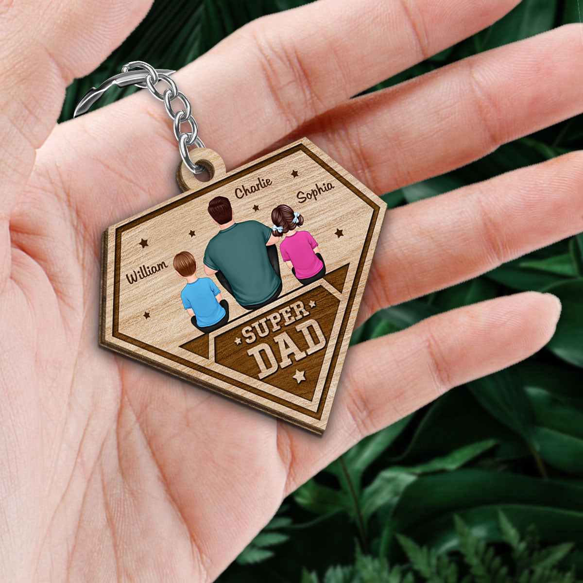 Super Dad Dad And Kids Back View Personalized Wooden Keychain
