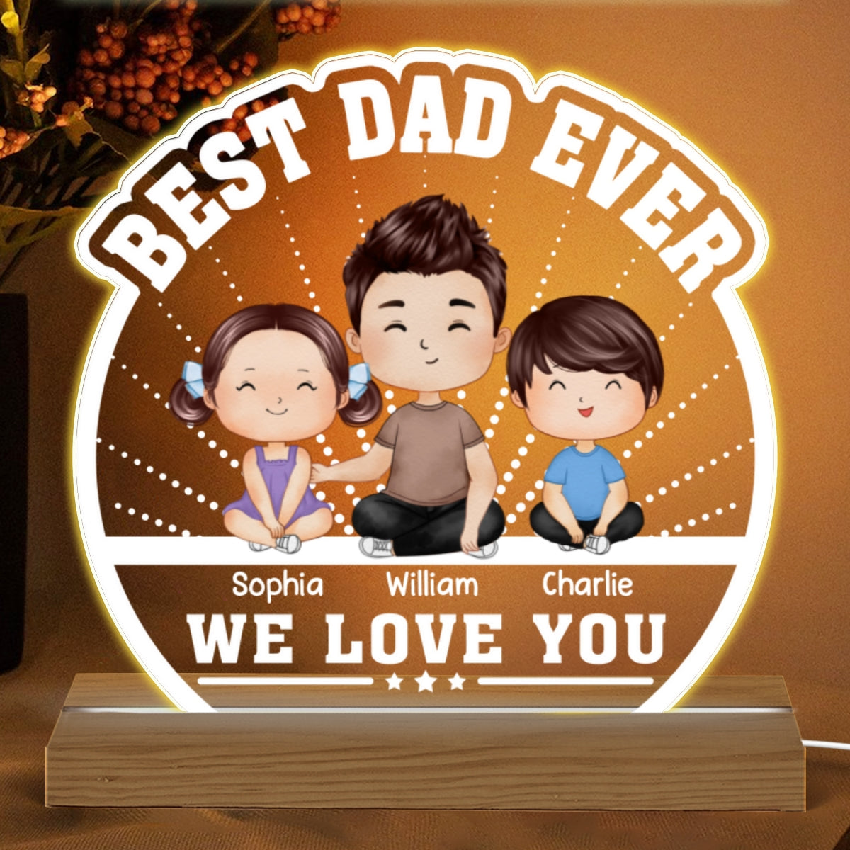 Best Dad Ever Watercolor Dad & Kids Sitting Personalized Custom Shaped Acrylic Plaque With Warm LED Night Light