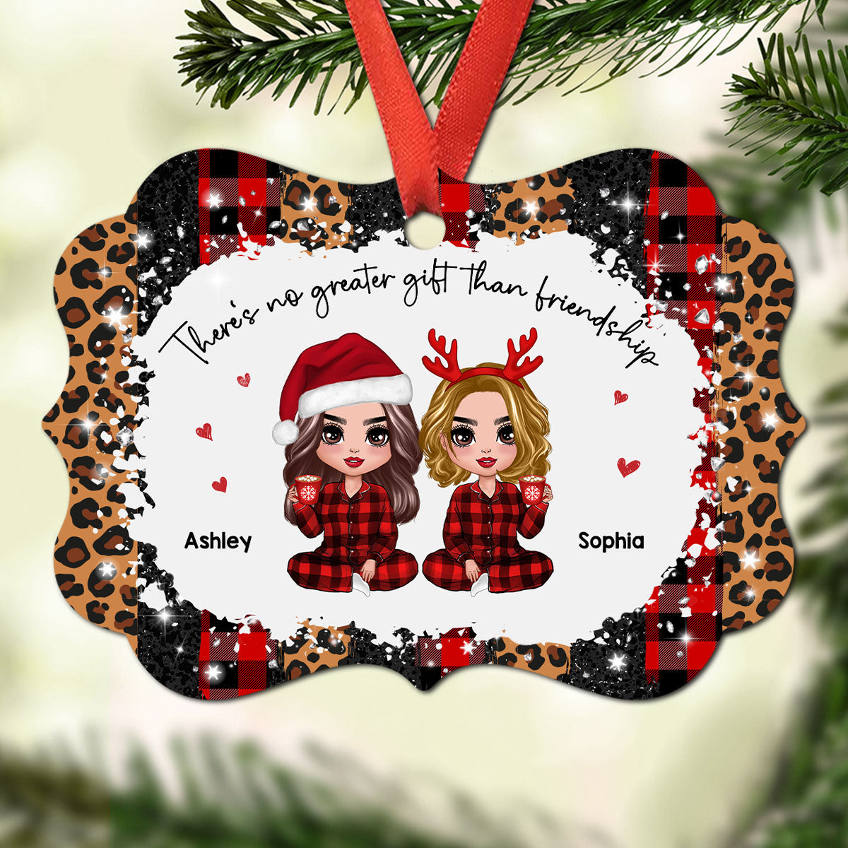 Checkered Leopard Pattern Pajamas Doll Besties Personalized Christmas Ornament
