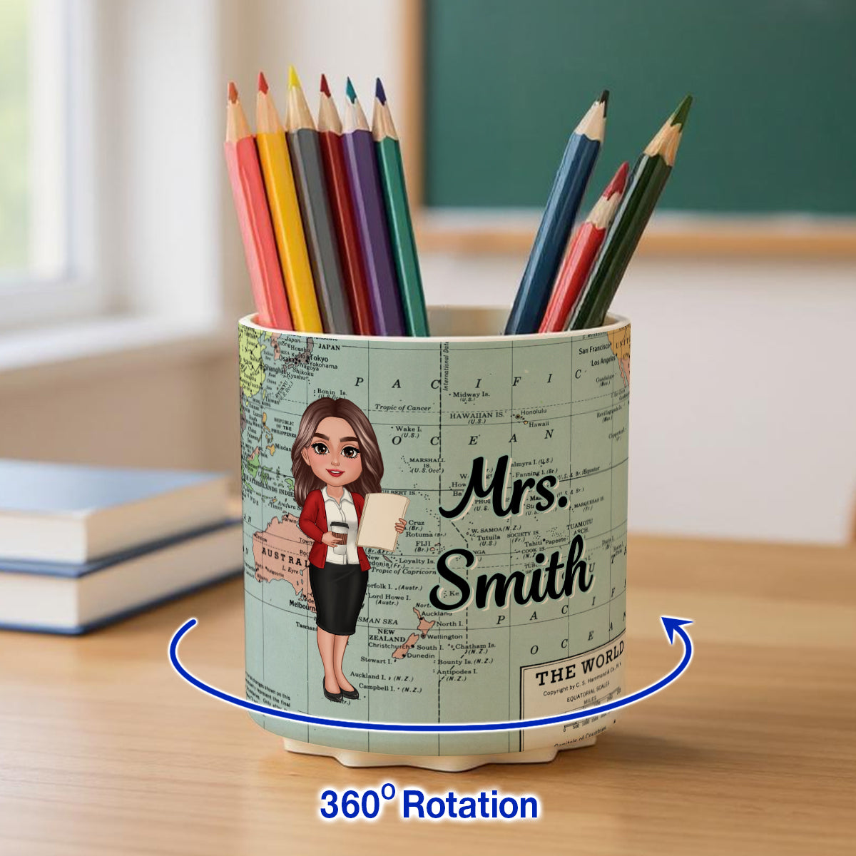 World Map Adventure Themed Doll Teacher Personalized Rotating Pen Holder