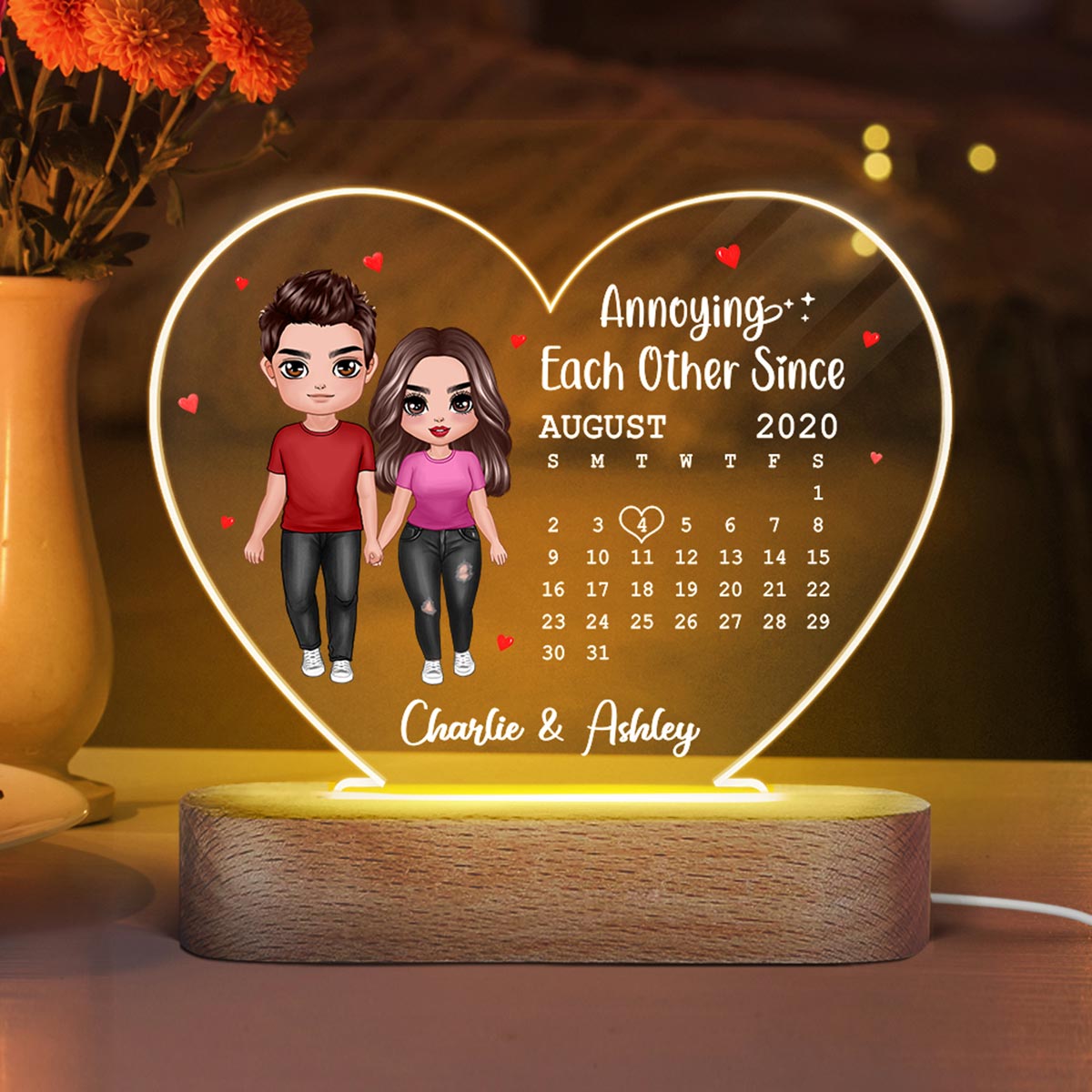 Doll Couple Standing Calendar Anniversary Date Personalized Acrylic Heart Plaque LED Night Light