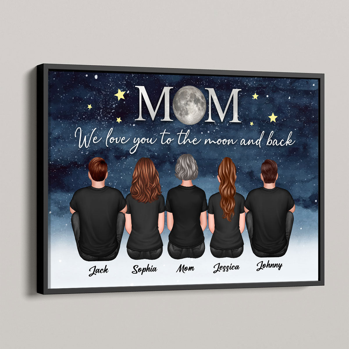 Mom And Kids Sitting Under Starry Night We Love You To The Moon And Back Personalized Poster, Gift For Mom