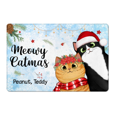 Meowy Catmas Cute Peeking Fluffy Cat Name Christmas Personalized Doormat