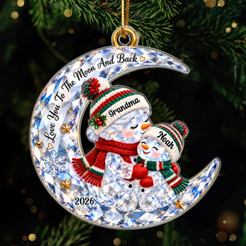 Grandma Grandkid Snowman On Moon Shiny Effect 2D Flat Printed - Personalized Acrylic Ornament - Christmas Gift For Grandkid, Grandson, Granddaughter