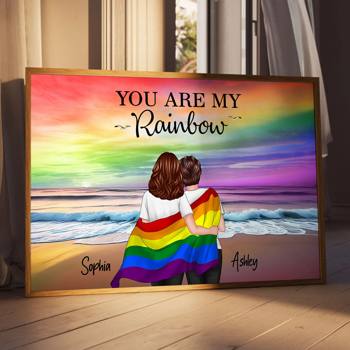 LGBTQ Couple Flag Beach Landscape Personalized Poster, Pride Month gift