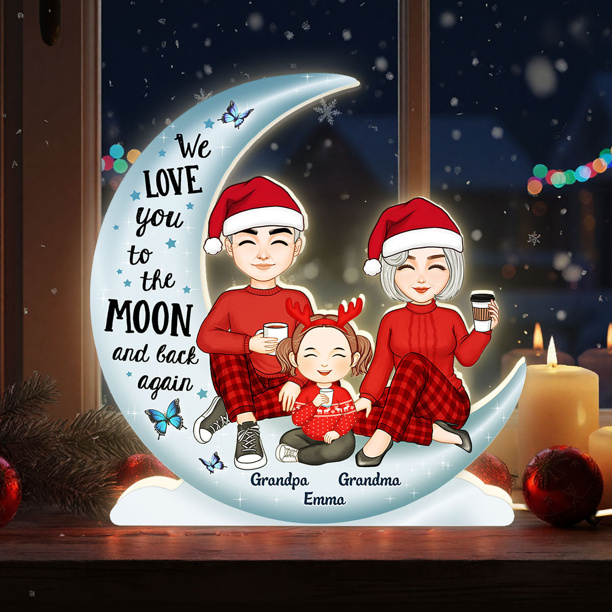 Cute Grandma Grandpa Grandparents & Grandkid On Moon - Personalized Light Box