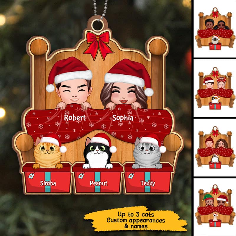 Christmas Doll Couple On Bed With Cats Personalized Wooden Ornament