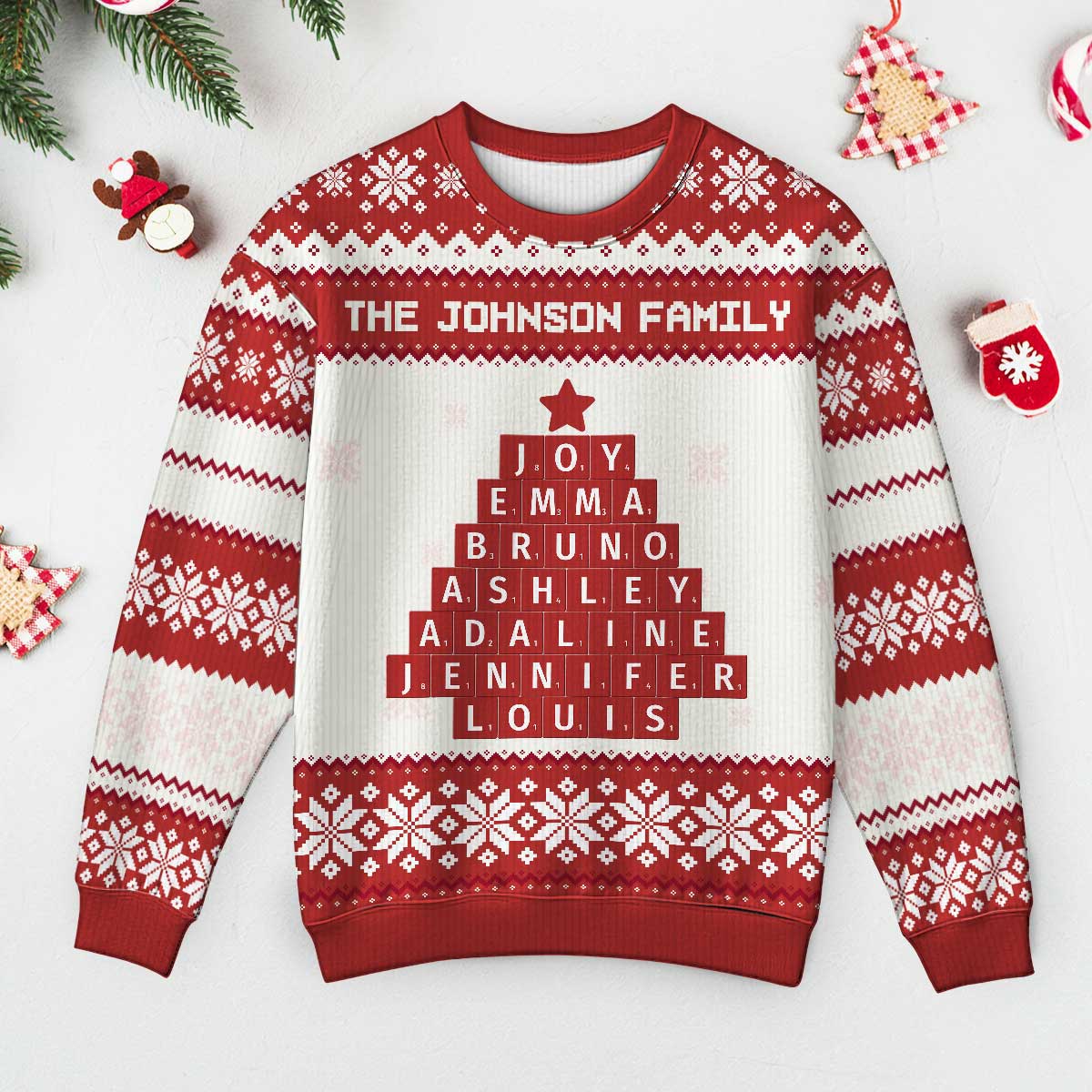 Unique Word Art Family Member Names Personalized Faux Knitting Ugly Sweater