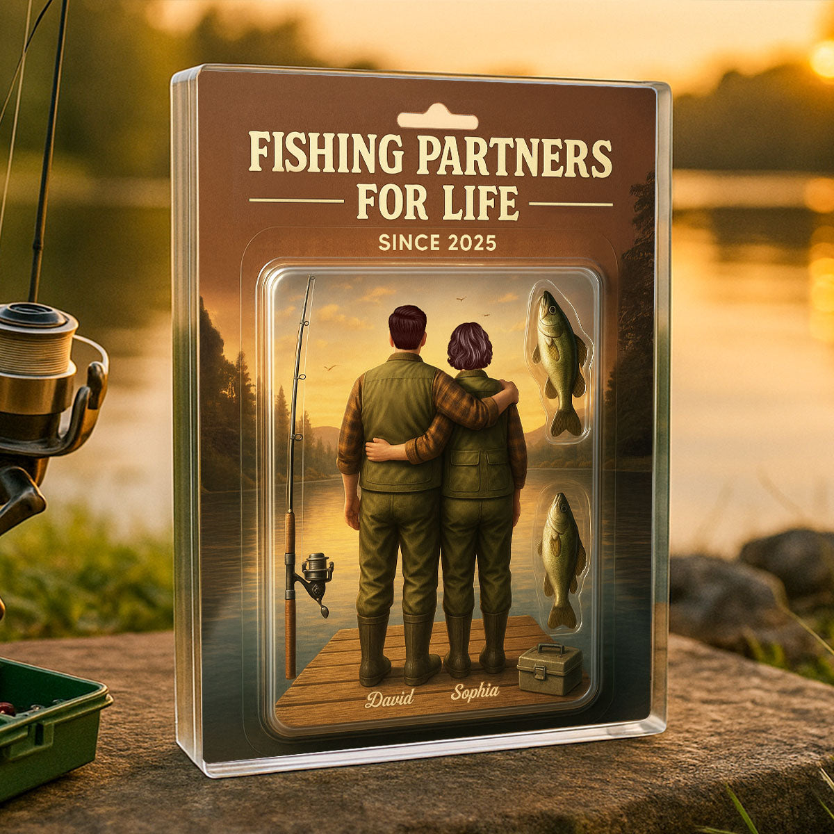 3D Effect Custom Figure Couple Together Fishing Partners For Life Personalized Rectangle Acrylic Block Plaque