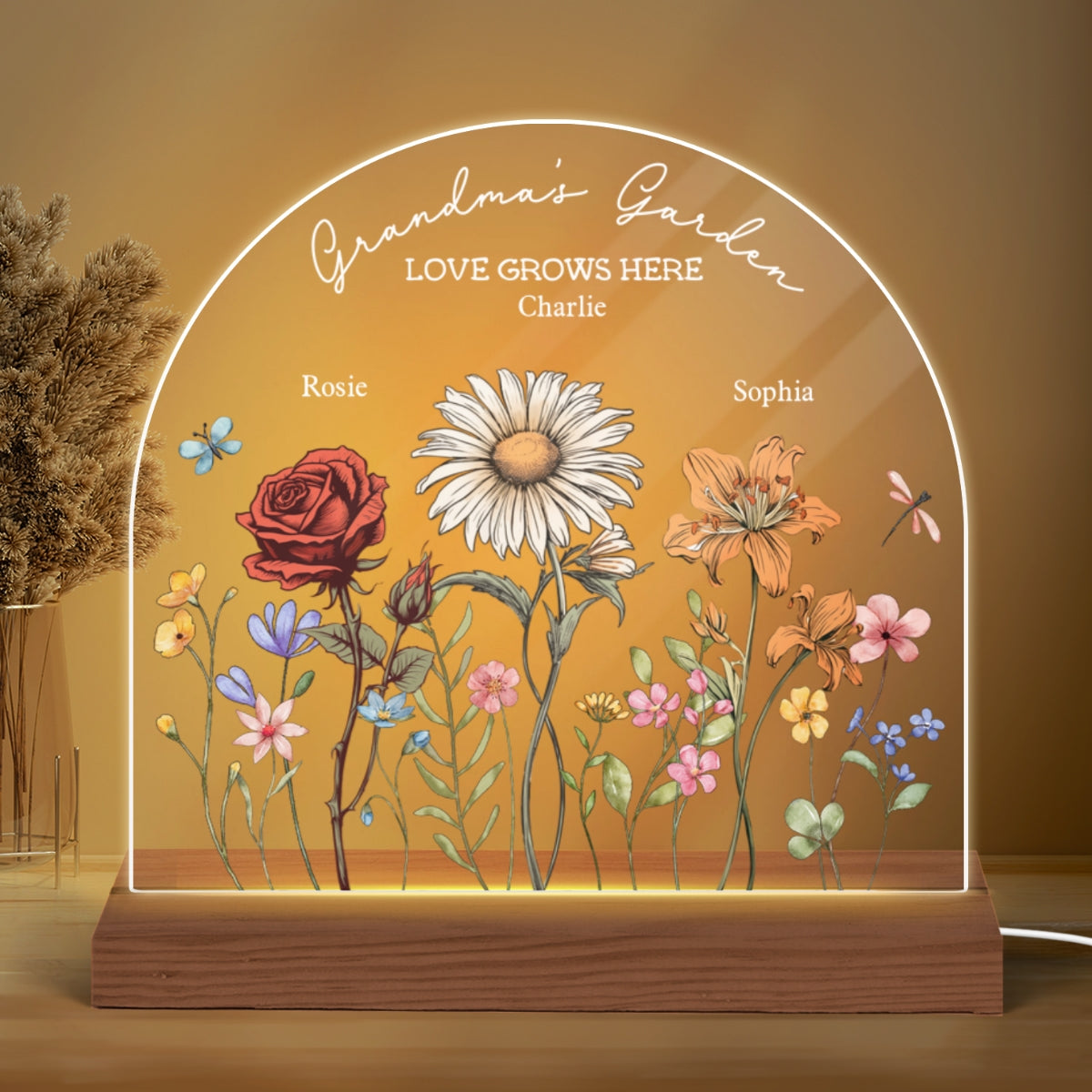Grandma's Garden Vintage Birth Month Flowers Dome Shaped - Personalized Acrylic LED Night Light - Christmas Gift For Mom, Gift For Grandma