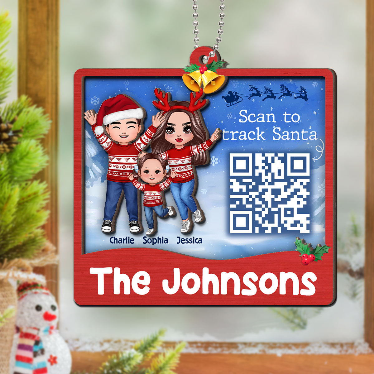 Happy Family Santa Tracker QR Code Personalized 2-Layer Wooden Ornament