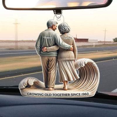 3D Effect Old Couple Embracing Walking Together On The Beach Personalized Car Hanger Ornament, Heartfelt Gift For Couple, For Him, For Her, Husband, Wife