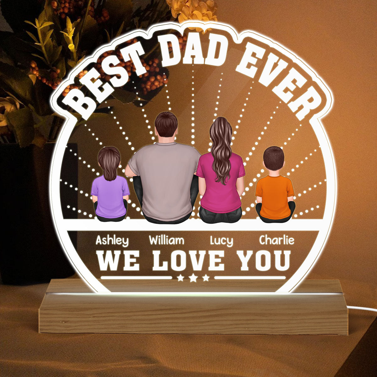 Best Dad Ever Back View Man Kids Dog Cat - Personalized Acrylic LED Night Light - Gift For Dad