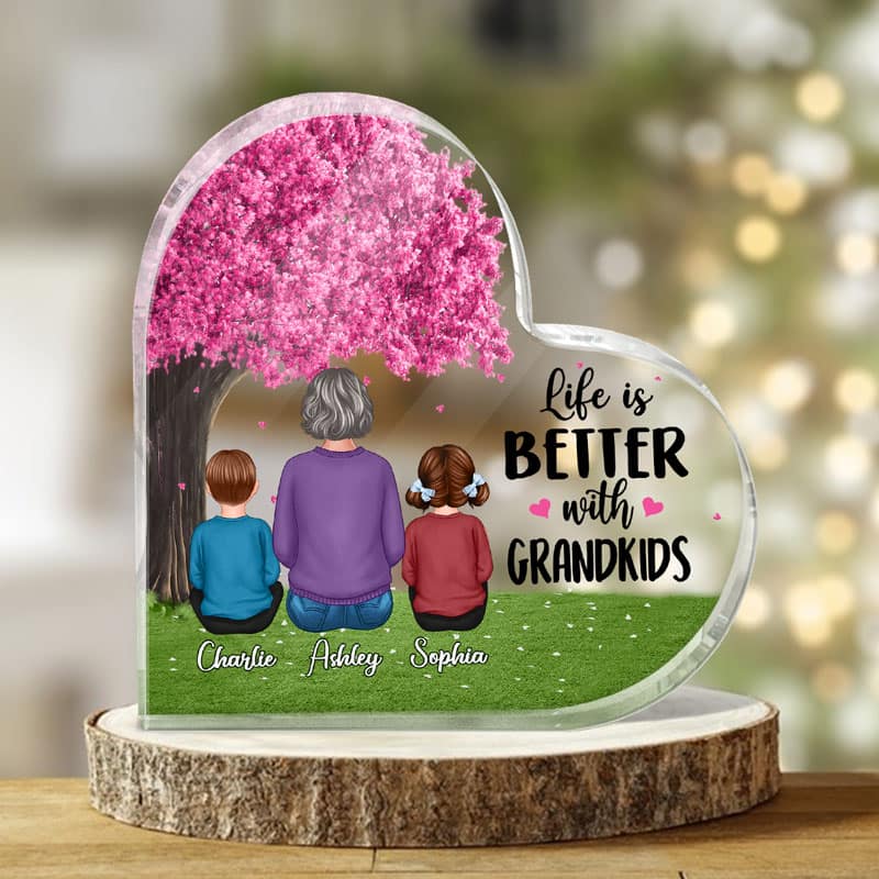Life Is Better With Grandkids Under Tree Personalized Personalized Acrylic Heart Plaque