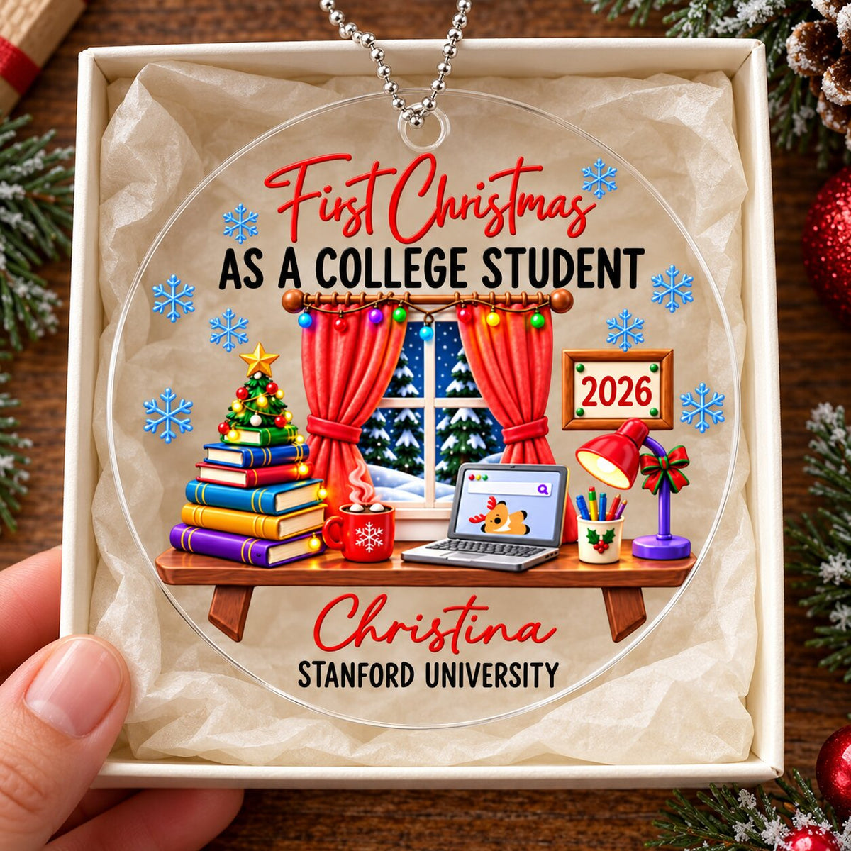 College Student With Desk Design - Personalized Acrylic Ornament - Christmas Gift For New Student, Boy, Girl