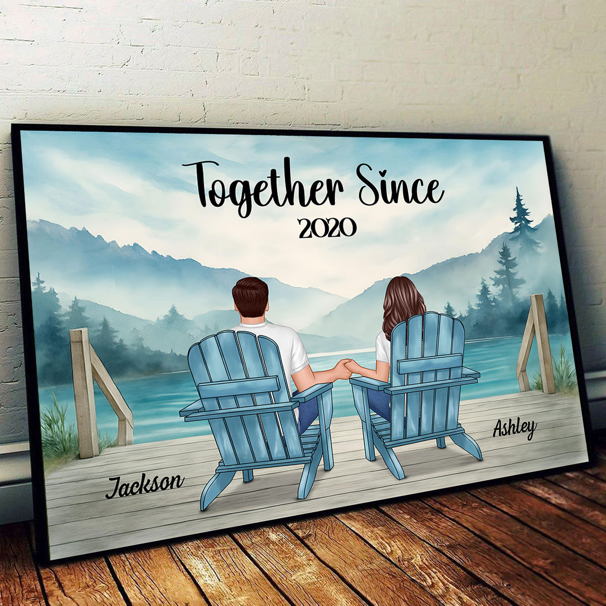 Lakeside Mountain Landscape Couple Back View Personalized Poster, Anniversary Gift for Him for Her
