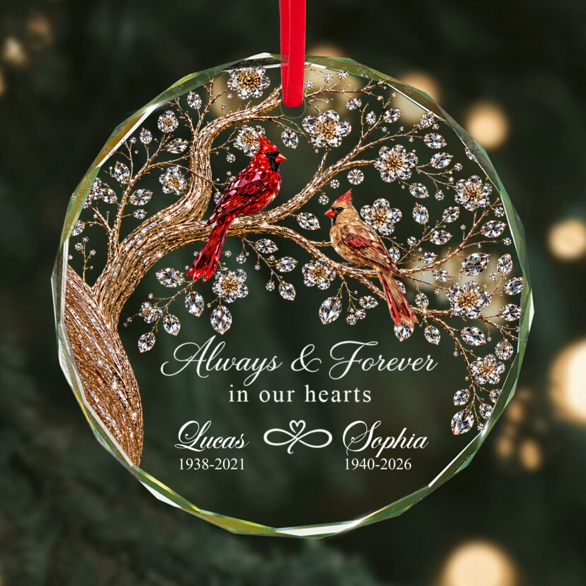 Always And Forever in Our Hearts - Personalized Glass Ornament - Heartfelt Memory Sympathy Keepsake for Loved Ones