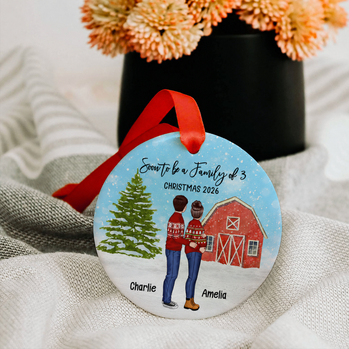 Family Pregnancy Christmas Ornament, Expecting Pregnancy announcement, Red Barn, Personalized Circle Ceramic Ornament