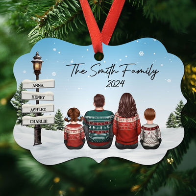 Family Sitting Christmas Vintage Family Lamp Post Signs Personalized Aluminum Ornament, Christmas Decoration, Christmas Gift For Him, For Her
