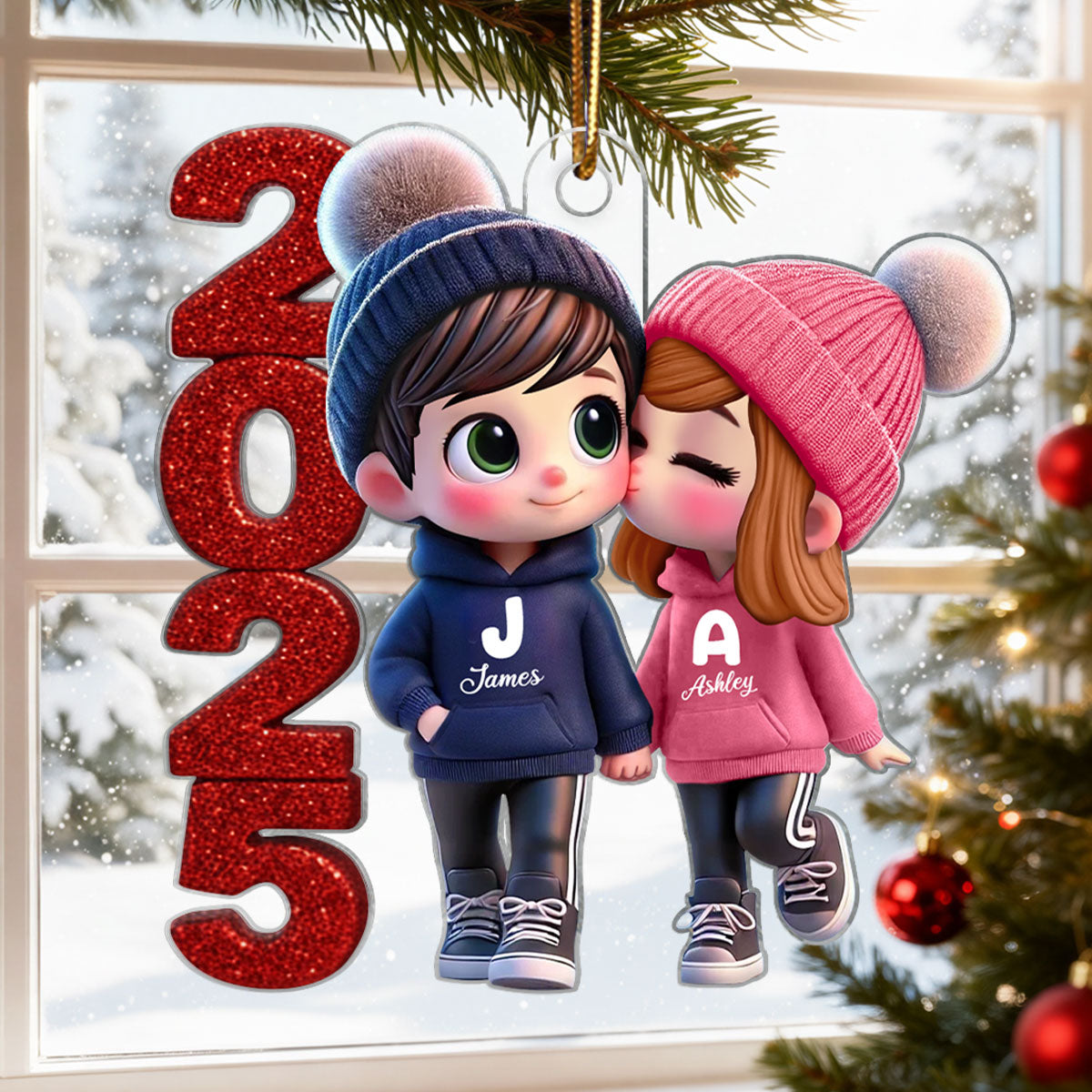3D Glitter Effect 2025 Cute Cartoon Couple Walking - Personalized Acrylic Ornament - Gift for Him, Gift for Her