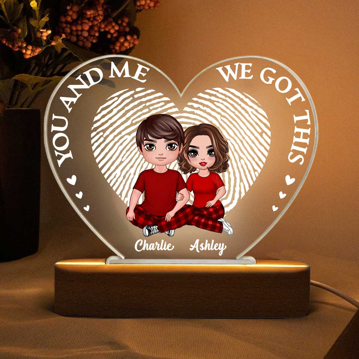 Embracing Couple Heart Fingerprint Personalized Heart Plaque LED Night Light