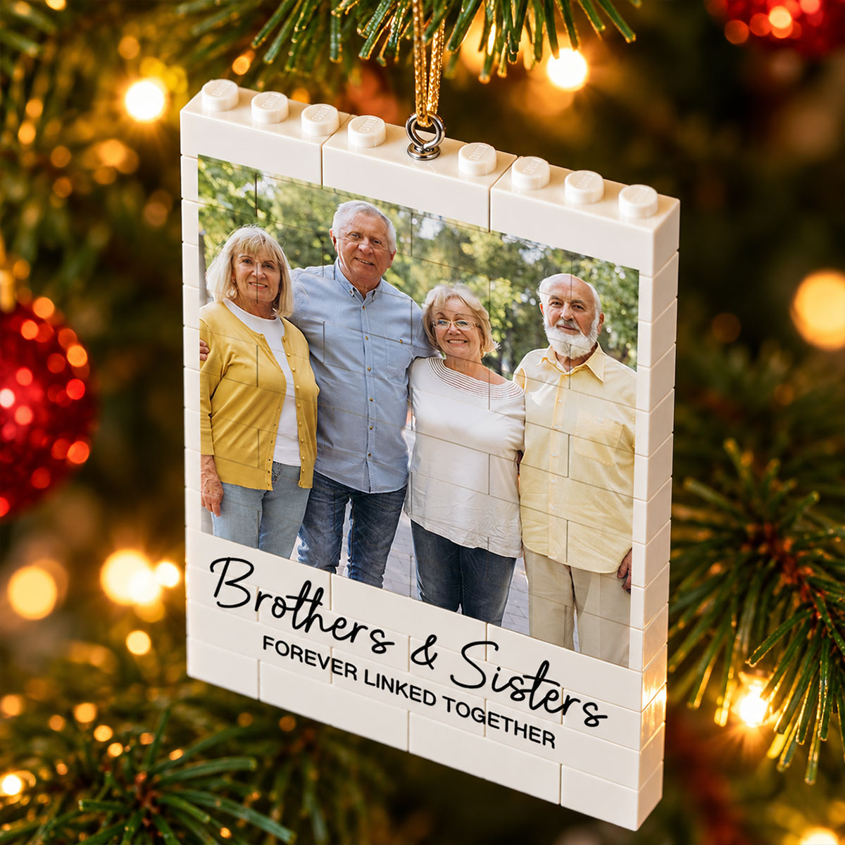 Brothers & Sisters Forever Linked Together Upload Photo - Personalized Building Blocks Ornament - Christmas Gift For Brothers, Sisters, Siblings