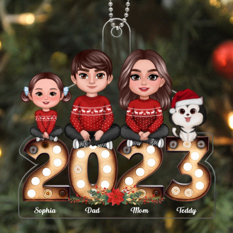 Family Sitting On Marquee 2023 Christmas Gifts Personalized Acrylic Ornament