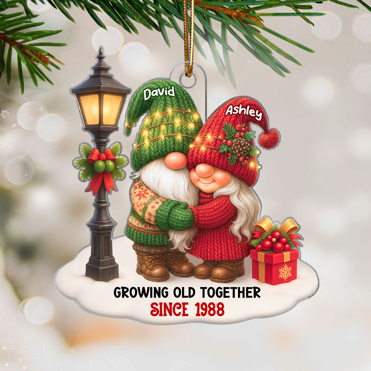 Gnome Christmas Couple Growing Old Together Personalized Acrylic Ornament, Gift for him, for her