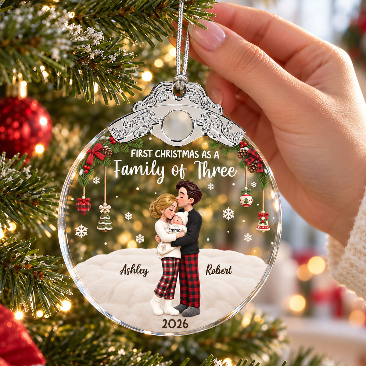 Our First Christmas As Family Of Three - Personalized Glass Ornament With Silver Cap - Christmas Tree Keepsake For New Parents
