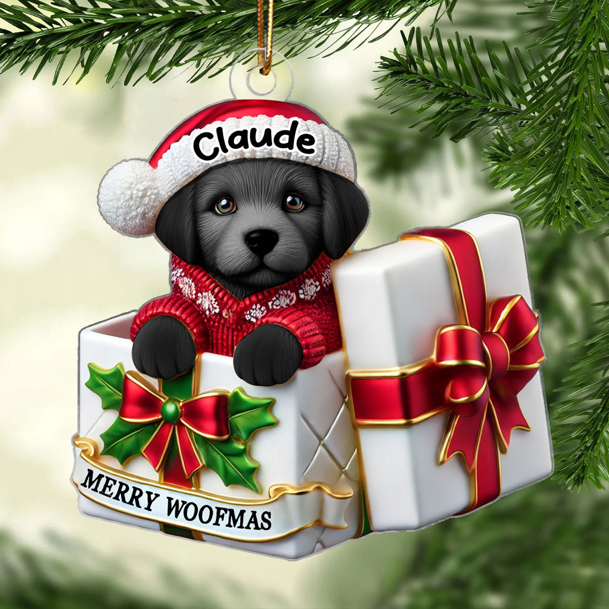 Cute Labrador Dog Inside Red Gift Box Personalized 2D Flat Acrylic Ornament, Christmas Gift for Dog Lovers