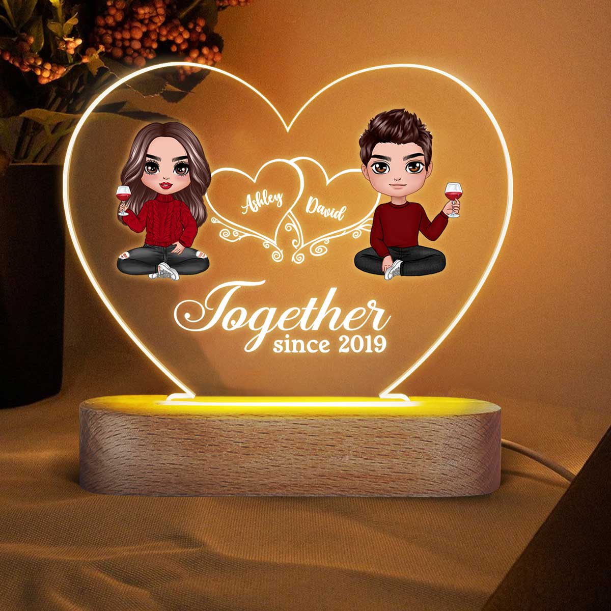 Hearts Doll Couple Sitting - Personalized Acrylic Block Plaque LED Night Light - Anniversary Gift For Him, Gift For Her