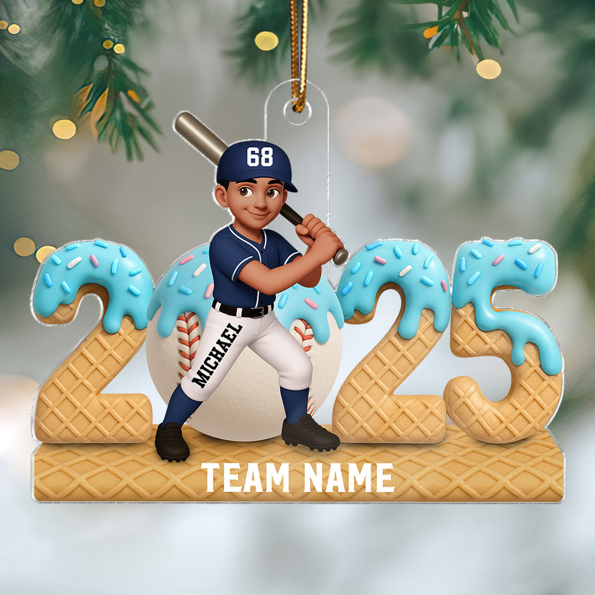 3D Effect Ice Cream Drip Sprinkles Teen Girl Boy Baseball Player - Personalized Acrylic Ornament - Christmas Gift For Kids, Granddaughter, Grandson, Daughter, Son