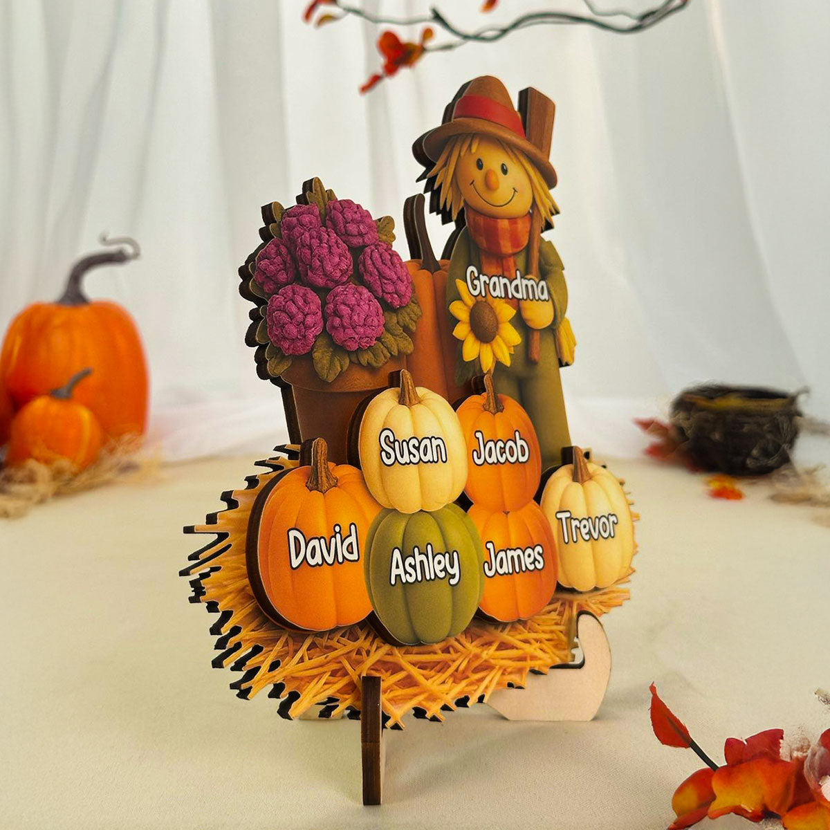 Fall Scarecrow Grandma with Pumpkins Grandkids Names 3D Effect Personalized 2-Layer Wooden Plaque