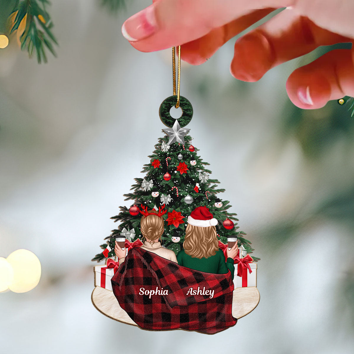 Besties Sisters Sitting In Blanket Christmas Tree Personalized Wooden Ornament