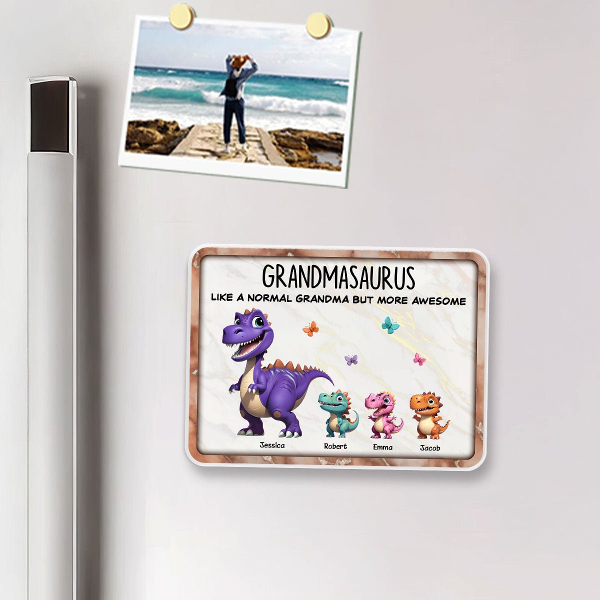 Grandmasaurus And Kids 3D Effect Dinosaurs Personalized Acrylic Fridge Magnet, Gift For Grandma