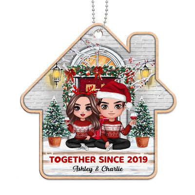 Christmas Doll Couple Sitting On The Front Porch Personalized Wooden Ornament