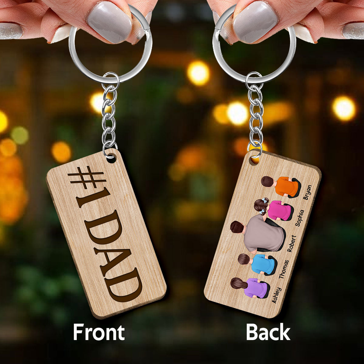 Best Dad Ever Back View Man Kids Dogs Cats - Personalized Wooden Keychain - Gift For Dad