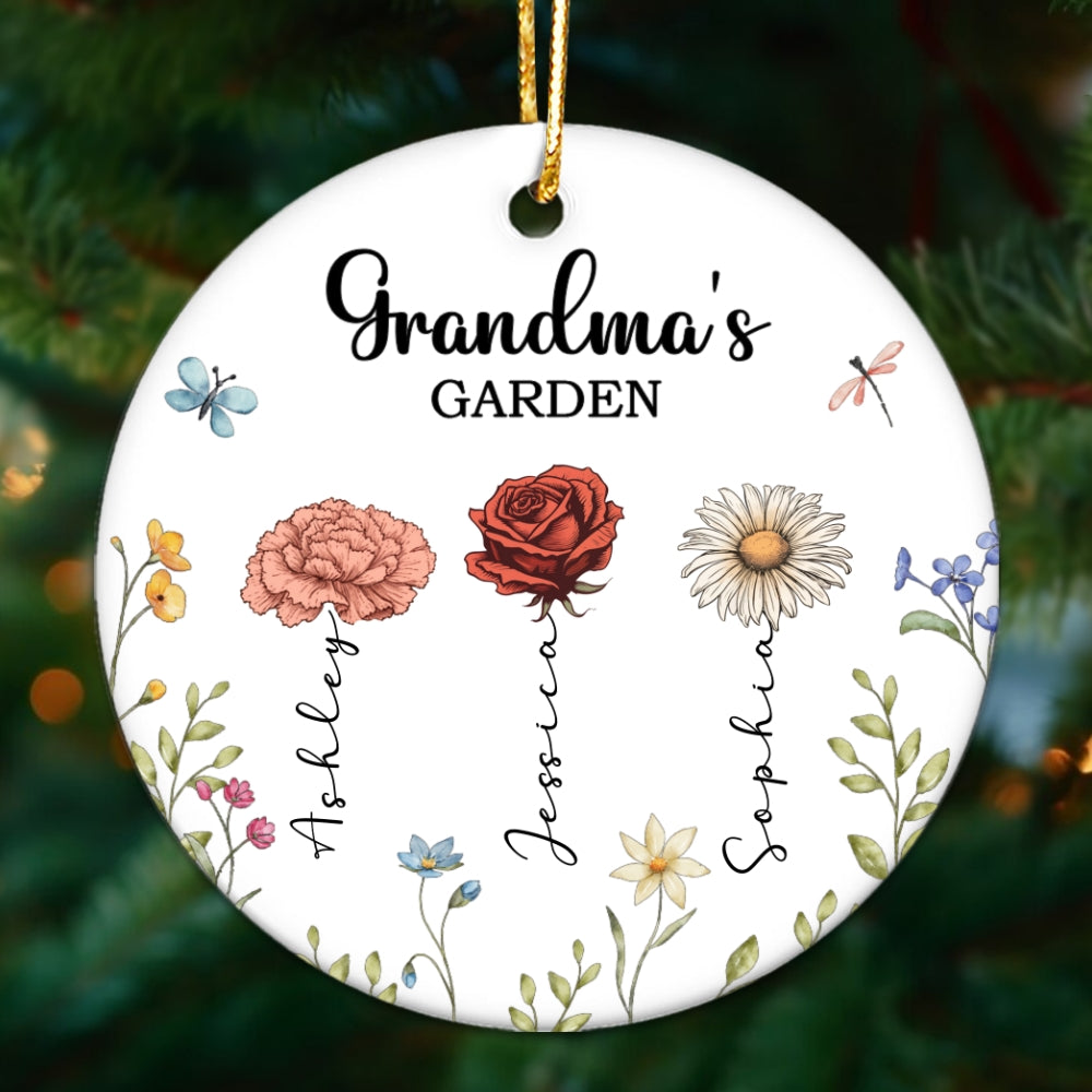 Grandma's Garden Personalized Ceramic Ornament, Christmas Gift For Grandma, Grandkids, Granddaughter, Grandson