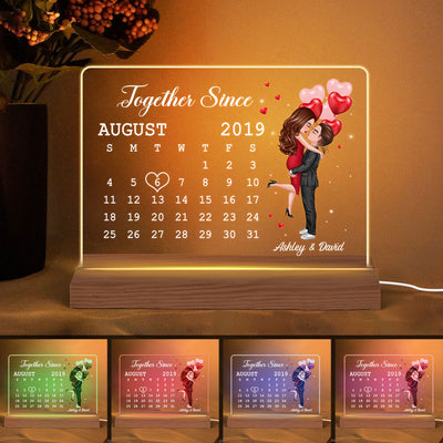 Doll Couple Hugging Kissing Calendar Anniversary Date Gift For Him For Her Personalized Custom Shape Acrylic Plaque LED Night Light