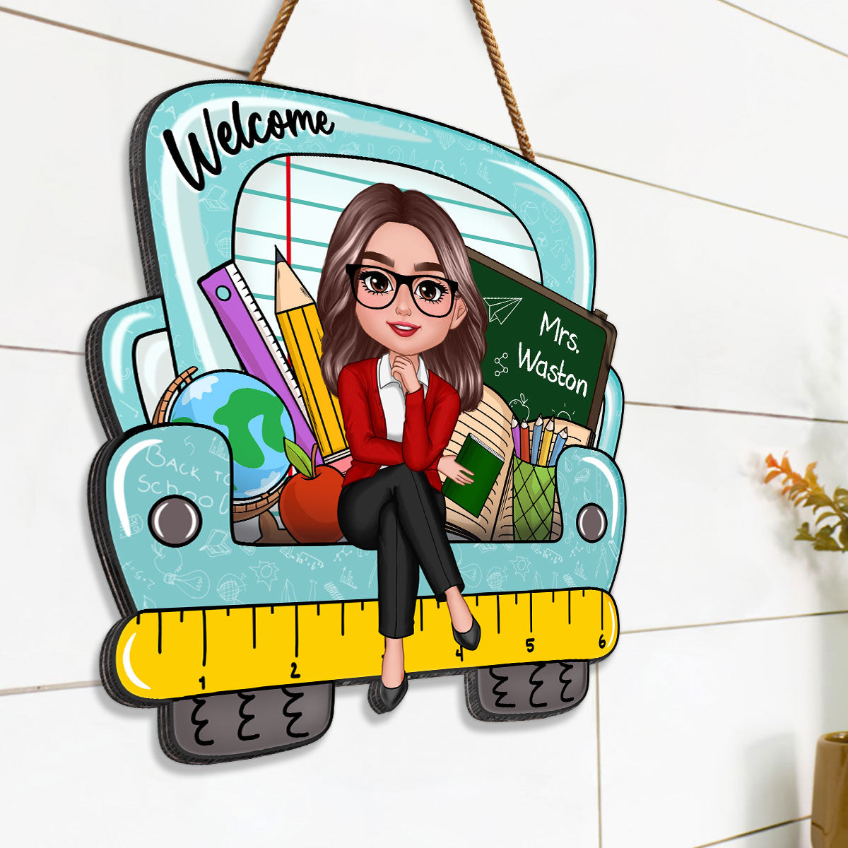 Doll Teacher Truck Back View Personalized Wood Sign, Back To School Gift