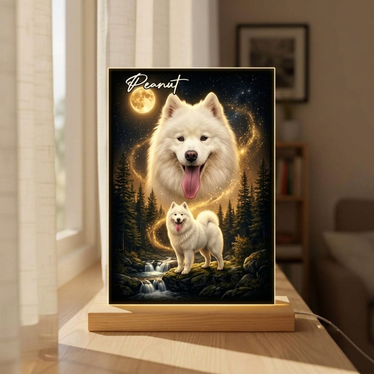 Dog Howling to the Moon - Personalized Acrylic Plaque LED Night Light - Gift for Dog, Cat Lovers, Pet Memorial Gift