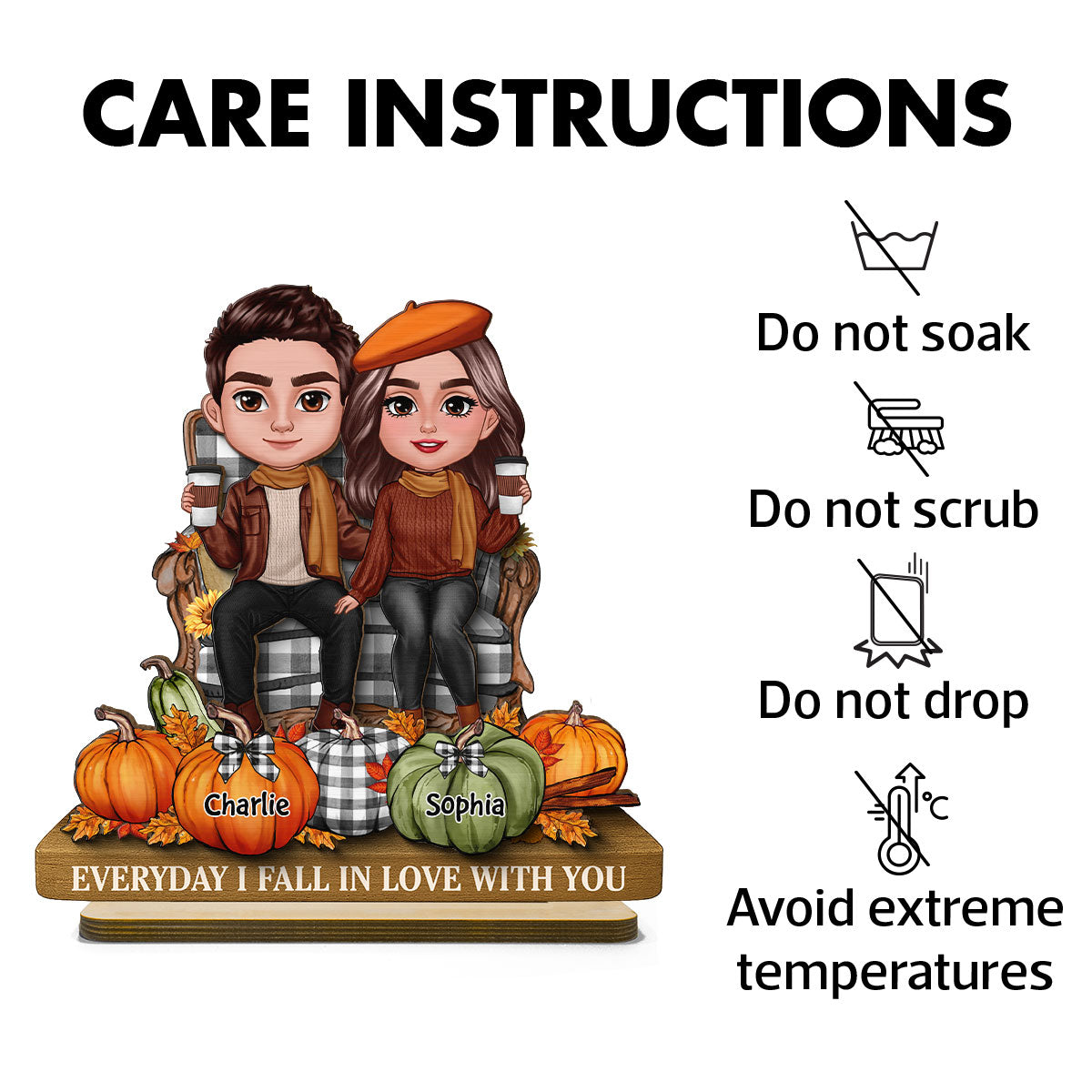 3D Effect Fall Season Couple Sitting Pumpkins Personalized 2-Layer Standing Wooden Plaque