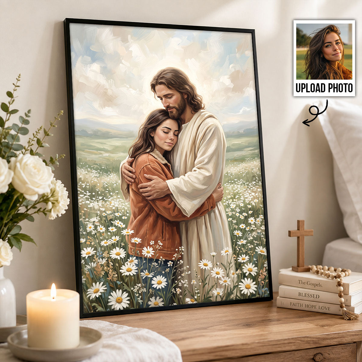 Safe in His Arms Photo Upload - Personalized Posters - Wall Decor, Christian Home Decor for Living, Prayer Room