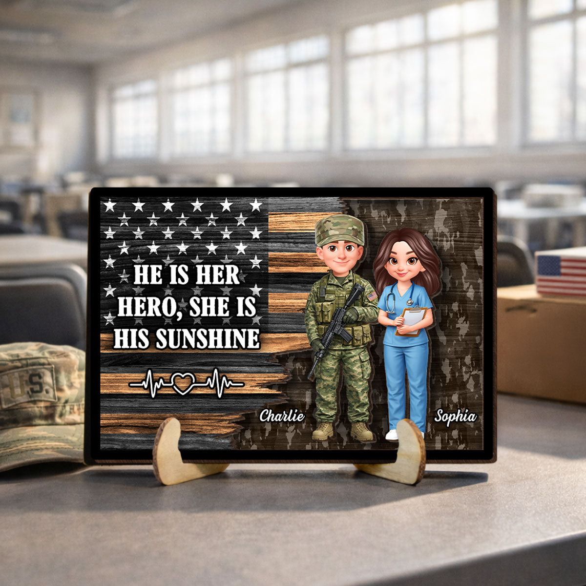 Custom Army Couple Nation Flag - Personalized 2-Layered Wooden Plaque - Heartfelt Gift for Him, for Her