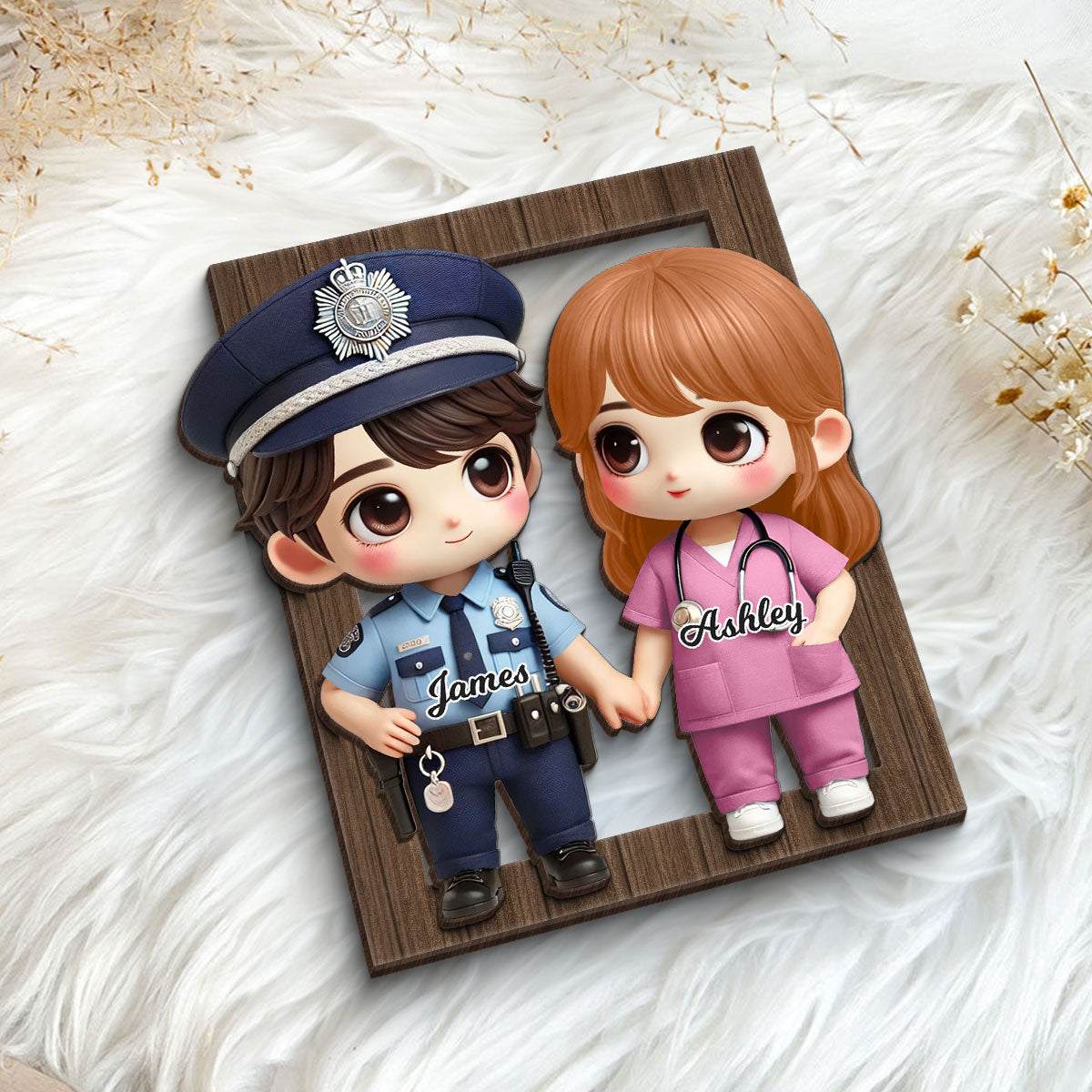 3D Effect Cute Cartoon Couple Gift by Occupation Gift For Her Gift For Him Personalized 2-Layered Wooden Plaque, Anniversary Gift For Couple